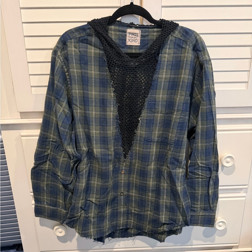 Blue and Green Plaid Flannel with Mesh/Knit Detail and Hood